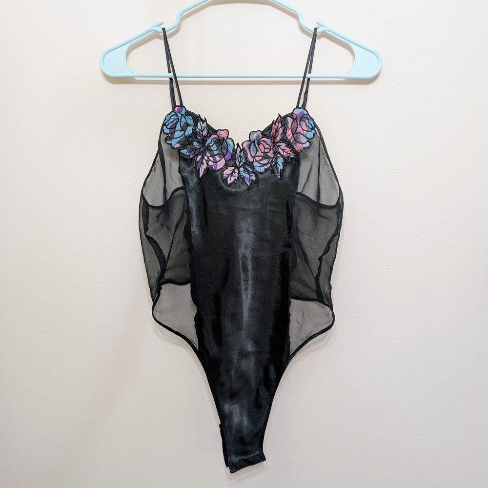Victoria's Secret Black Bodysuit with Multicolor Floral Design